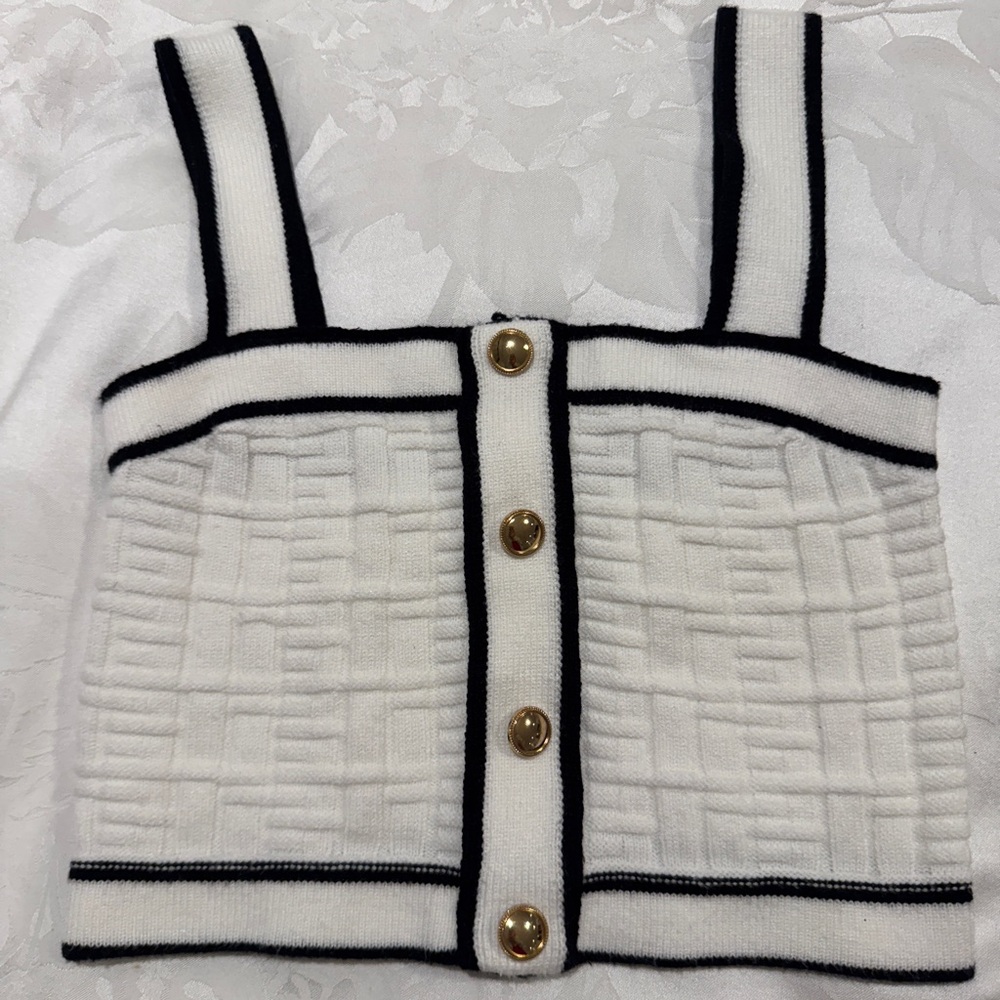 White and Black Knit Crop Top with Gold Buttons